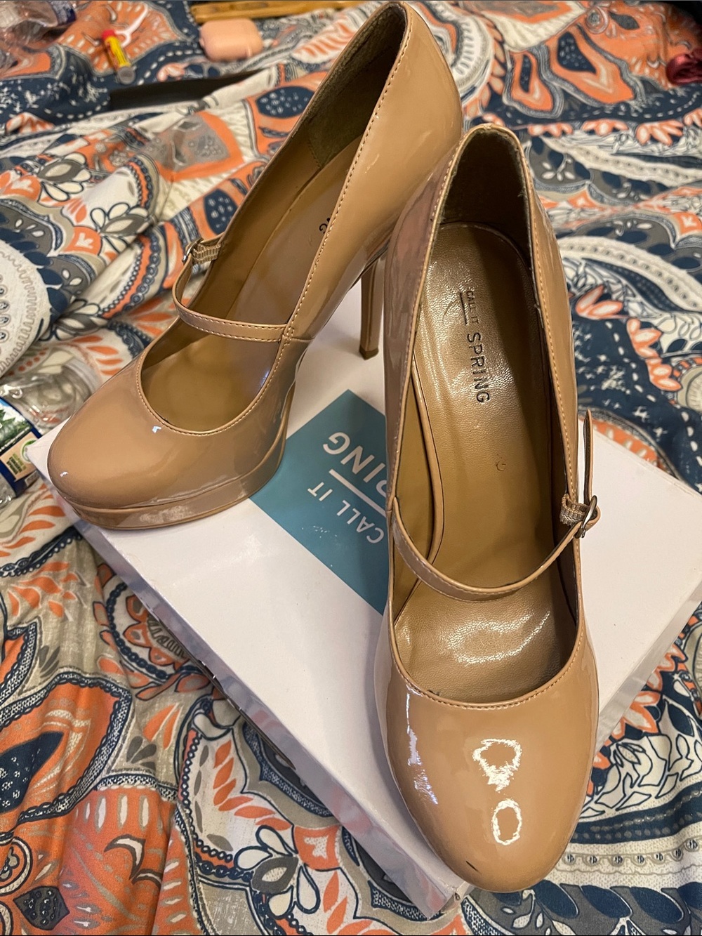 Call It Spring Beige Patent Mary Jane Platform Pumps
